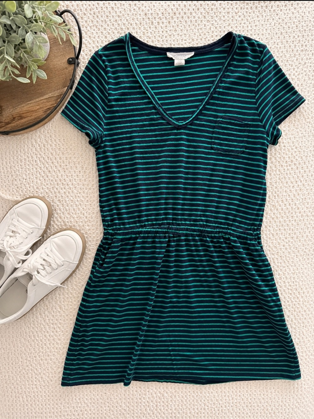 Workshop Republic Clothing Navy & Green Striped V-Neck tunic dress 100% cotton